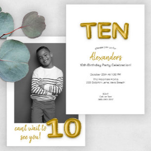 Invitation photo Gold Balloon Dixième anniversaire