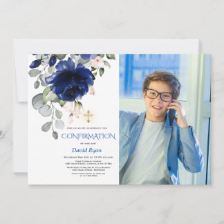 Invitation Photo Gold Confirmatio Marine Blue Floral Boy