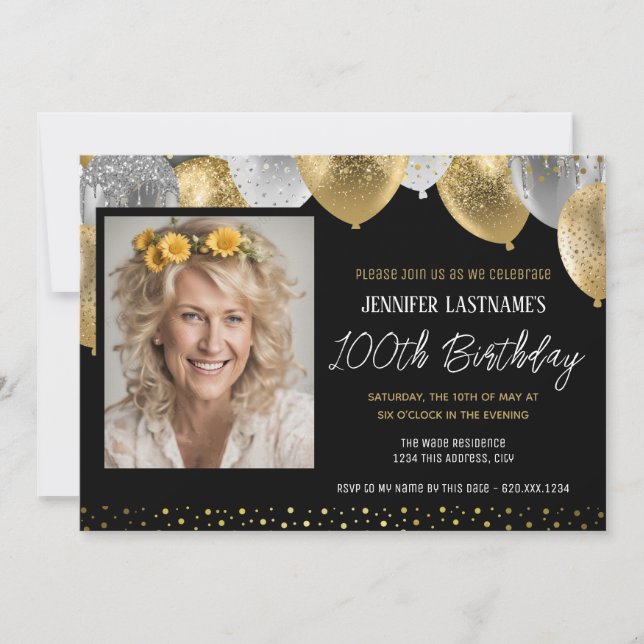 Invitation photo Gold et Black 100th Birthday (Devant)