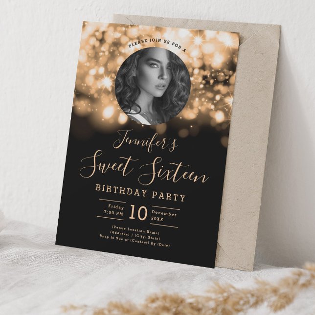 Invitation PHOTO Gold Hollywood Lights Sweet 16 Party (PHOTO Gold Hollywood Lights Sweet 16 Party Invitation)