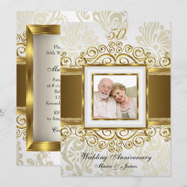 Invitation Photo Gold & Pearl Swirl Damask 50th Anniversary (Devant / Derrière)