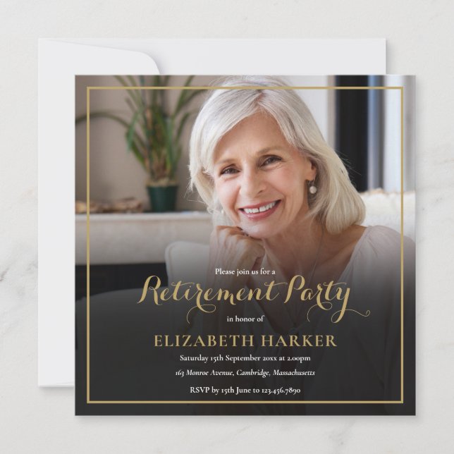 Invitation Photo Gold Script Elegant Retraite Party (Devant)