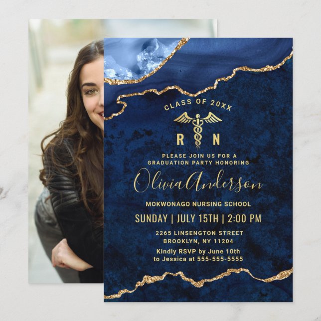 Invitation Photo Golden Blue Nursing School Graduation Party (Devant / Derrière)