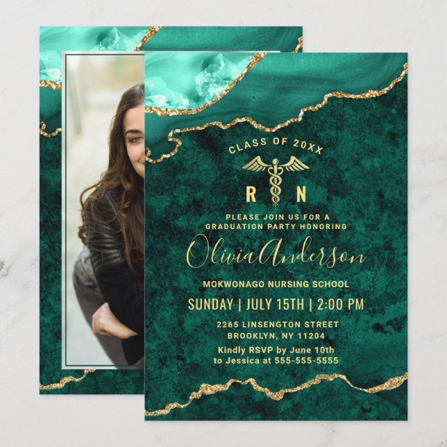 Invitation Photo Golden Green Nursing School Graduation Party (Devant / Derrière)