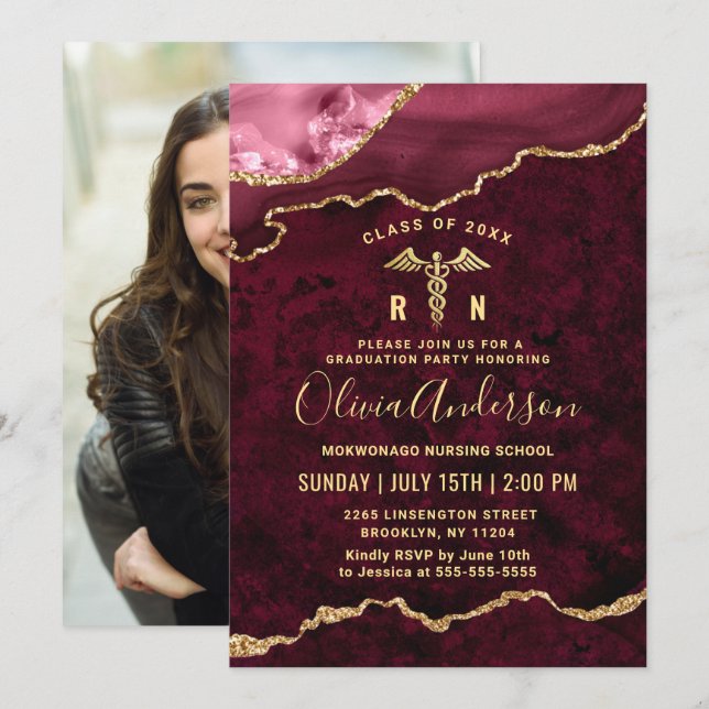 Invitation Photo Golden Red Nursing School Graduation Party (Devant / Derrière)