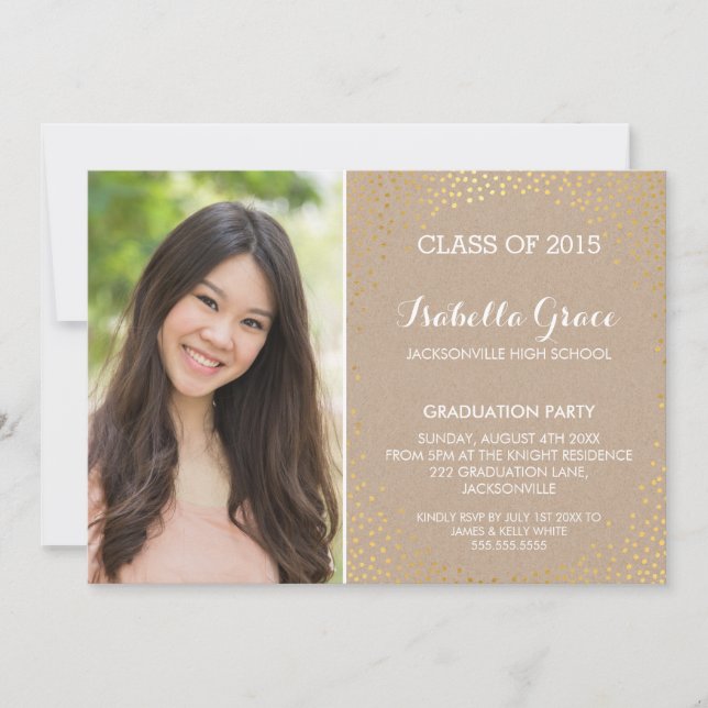 Invitation PHOTO GRAD FÊTE mini confetti d'or éco kraft (Devant)