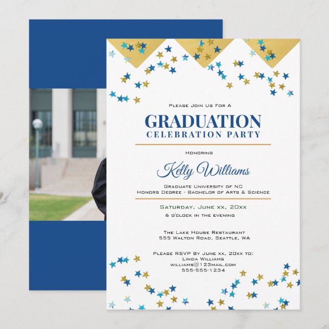 Invitation Photo Graduation Celebration Party, Or, Bleu, (Devant / Derrière)