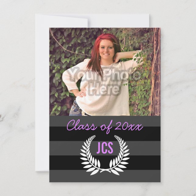 Invitation Photo Graduation Monogramme noir pourpre Preppy (Devant)