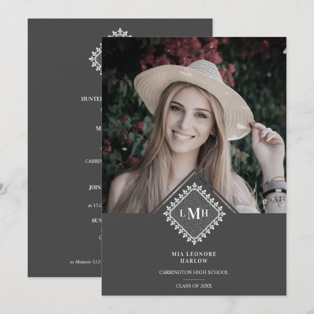 Invitation Photo Graduation Party Chic Initial Lace Romantic  (Devant / Derrière)