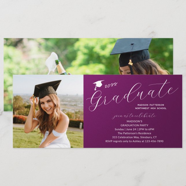 Invitation Photo Graduation Party Élégant Script moderne (Devant / Derrière)
