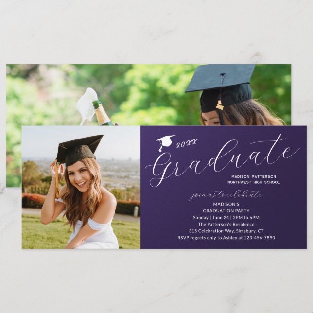 Invitation Photo Graduation Party Élégant Script moderne (Devant / Derrière)