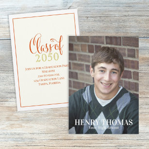 Invitation Photo Gradué Moderne Simple Classe D'Or Orange