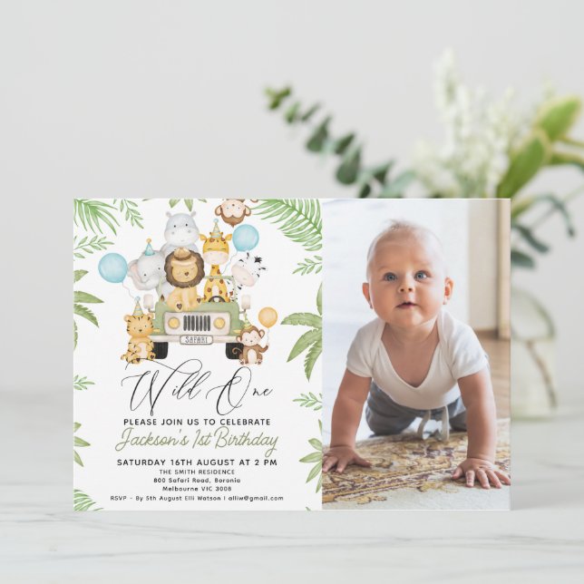Invitation Photo Green Car Safari Wild One 1er anniversaire (Debout devant)