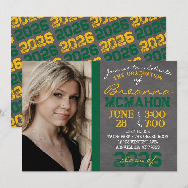 Invitation photo Green & Gold Chalkboard Graduatio (Devant / Derrière)