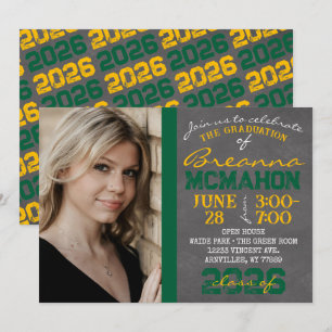 Invitation photo Green & Gold Chalkboard Graduatio