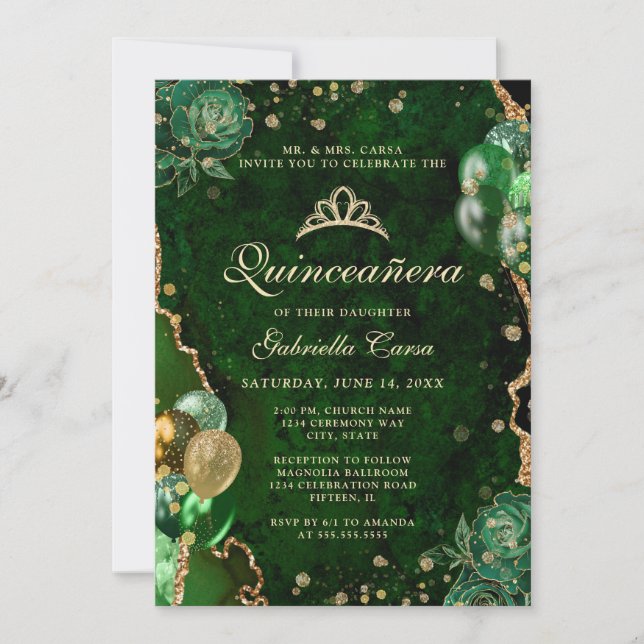 Invitation Photo Green Gold Floral Agate Quinceanera (Devant)