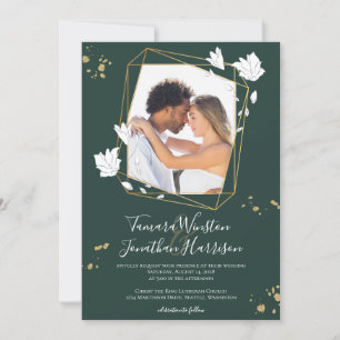 Invitation Photo Green Gold Line Art Floral Géométrique