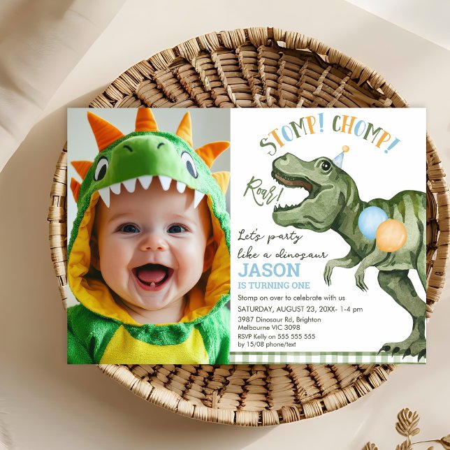 Invitation Photo Green Stomp Chomp Roar Dinosaur 1er annivers (Stomp Chomp Roar Dinosaur 1st Birthday Invitation Template, Photo Dino Birthday Invitation Party)