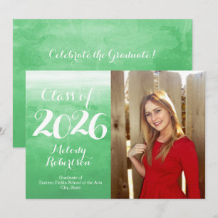 Invitation Photo Green Watercolor Classe de graduation 2019