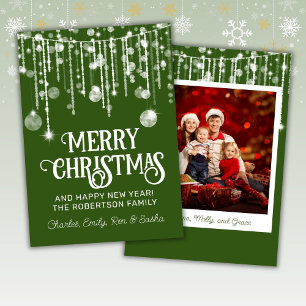 Invitation Photo Green White String Lights Christmas Card