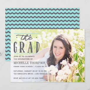 Invitation Photo Grey and Blue Chevron Graduate Party