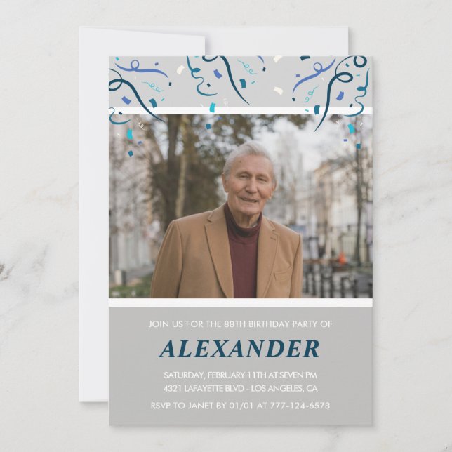 Invitation Photo Grey pour lui Confetti 88e anniversaire (Devant)