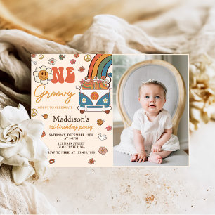 Invitation Photo Groovy Retro Rainbow 1er Birthday Party