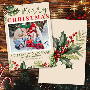 Invitation Photo Holly Pine Red Berries Beige Christmas Card