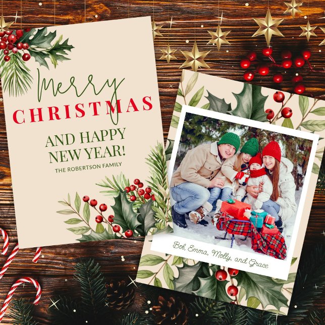 Invitation Photo Holly Pine Red Berries Beige Christmas Card (Créateur téléchargé)