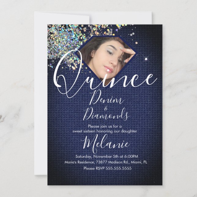 Invitation Photo Holographique de Quince Denim Diamonds Gem (Devant)