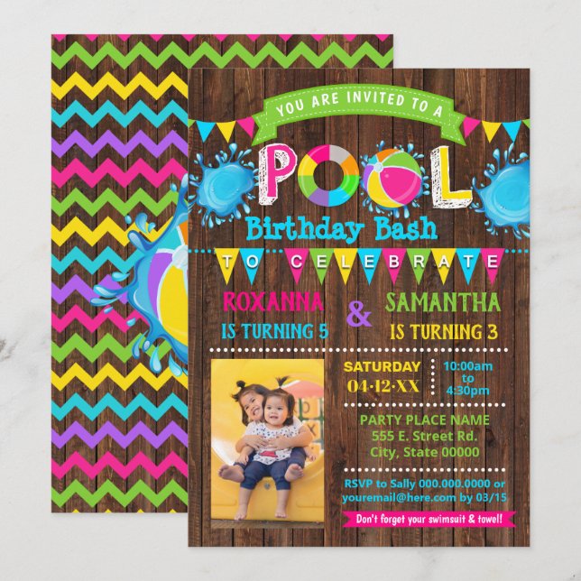 Invitation Photo Hot Pink Pool fête d'anniversaire bash combi (Devant / Derrière)