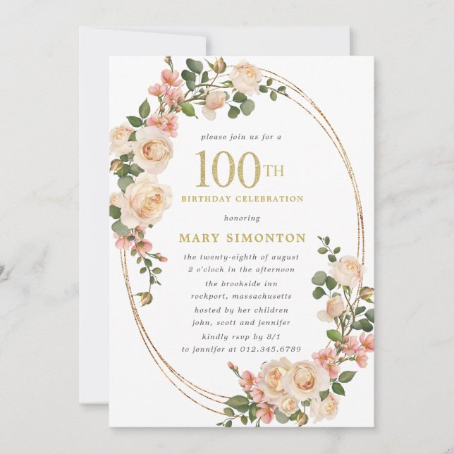 Invitation Photo Ivory White Rose 100e fête d'anniversaire (Devant)