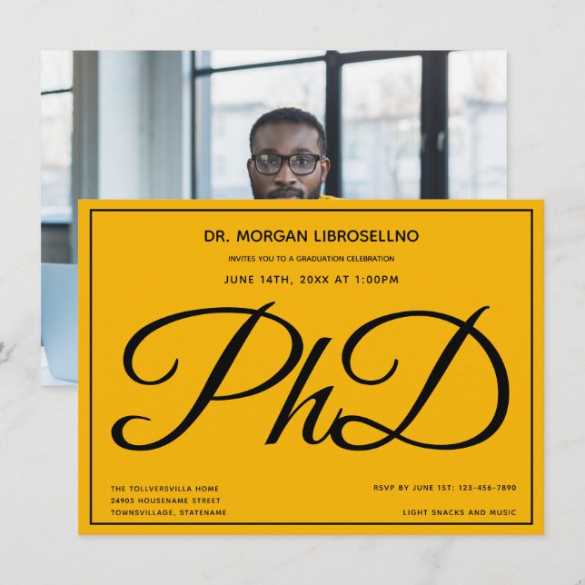 Invitation Photo Jaune Fête de l'obtention du doctorat (Devant / Derrière)