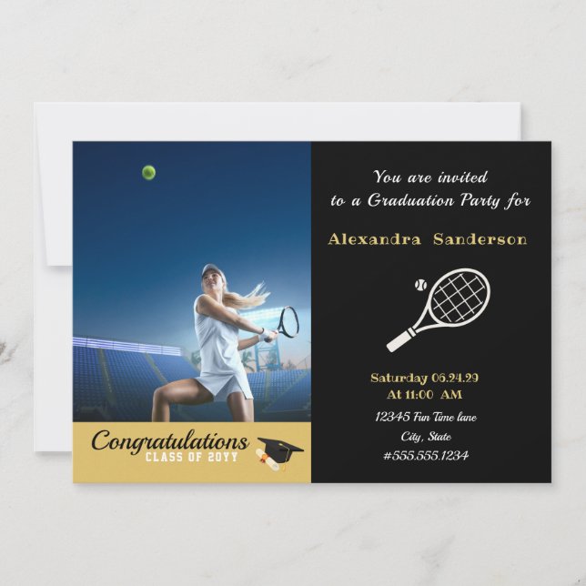 Invitation Photo joueur de tennis Black Gold White graduation (Devant)