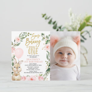 Invitation Photo Lapin Rose Turner un 1er anniversaire