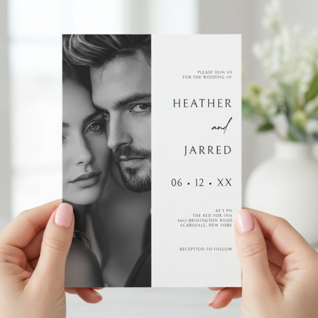 Invitation Photo latérale moderne noir et blanc Code QR Maria (Créateur téléchargé)