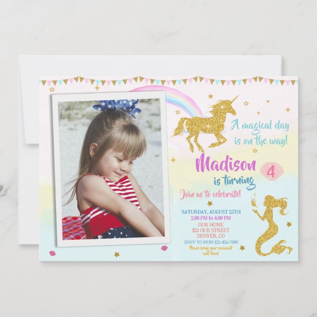 Invitation Photo licorne et sirène fille d'invitation d'anniv (Devant)