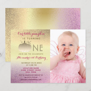 Invitation Photo Little Citrouille 1er anniversaire, rose et 