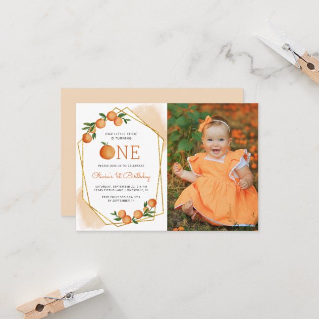 Invitation Photo Little Cutie Orange 1er anniversaire Invitat (Devant/Arrière en situation)
