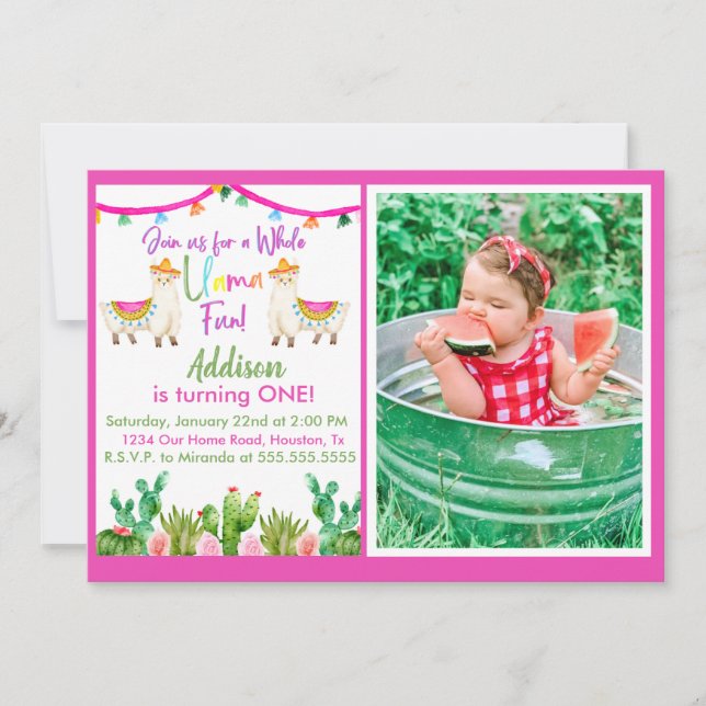 Invitation photo Llama rose / Cactus Fiesta (Devant)