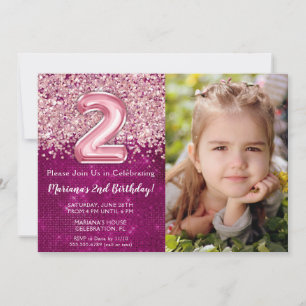 Invitation Photo Magenta Rose Pailleté 2ème Anniversaire