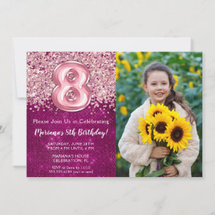 Invitation Photo Magenta Rose Pailleté 8ème Anniversaire