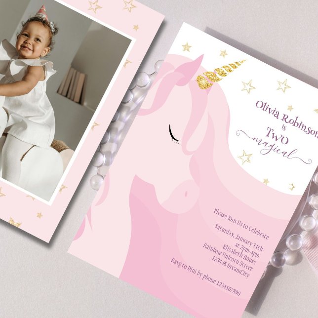 Invitation Photo Magical Pink Gold Unicorn 2e anniversaire (Créateur téléchargé)