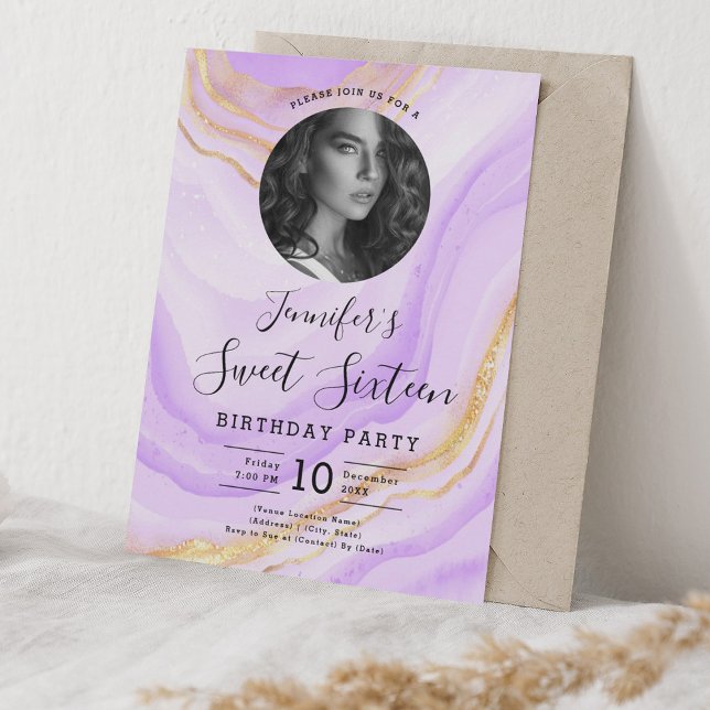 Invitation PHOTO Marbre violet Parties scintillant Douce 16 P (PHOTO Purple Marble Glitter Sweet 16 Party Invitation)