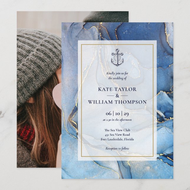 Invitation Photo Mariage Ancre Nautique Bleu Et Or (Devant / Derrière)
