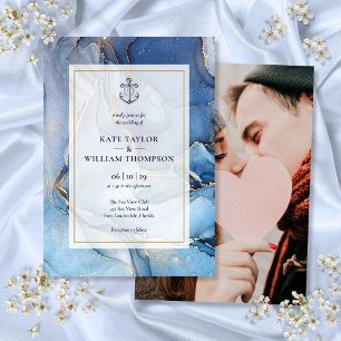 Invitation Photo Mariage Ancre Nautique Bleu Et Or