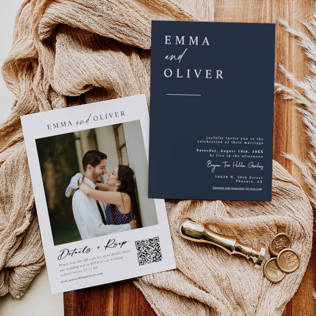 Invitation Photo Mariage de la marine moderne Boho bleu QR Co (Créateur téléchargé)