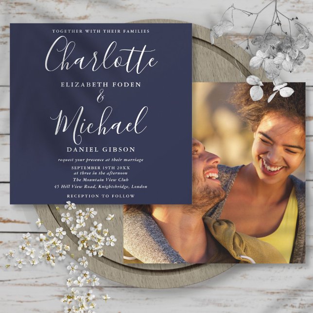 Invitation Photo Mariage du script de signature élégante bleu (Navy Blue Elegant Signature Script Wedding Photo Invitation)