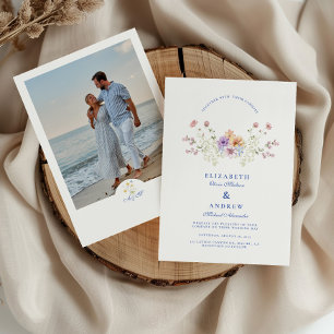 Invitation Photo Mariage Floral Crête Bleu Poussiéreux