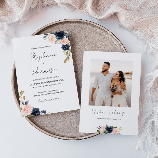 Invitation Photo Mariage floral rose et bleu chic Navy (Chic Navy Blue & Blush Pink Floral Wedding Photo Invitation)